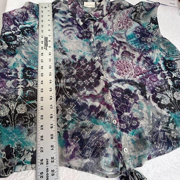 Chico's Semi Sheer Metallic Abstract Floral Tie Front Button Up Blouse Size 3 - Picture 8 of 8